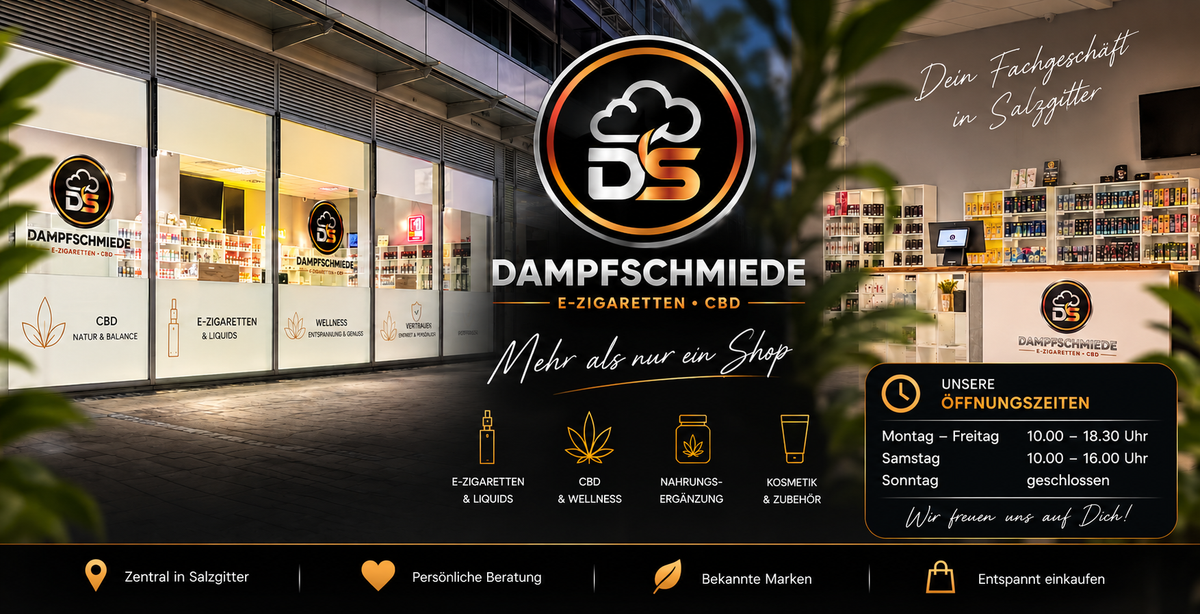 Dampfschmiede Salzgitter – Ladenfront und Verkaufsraum mit Logo und Öffnungszeiten